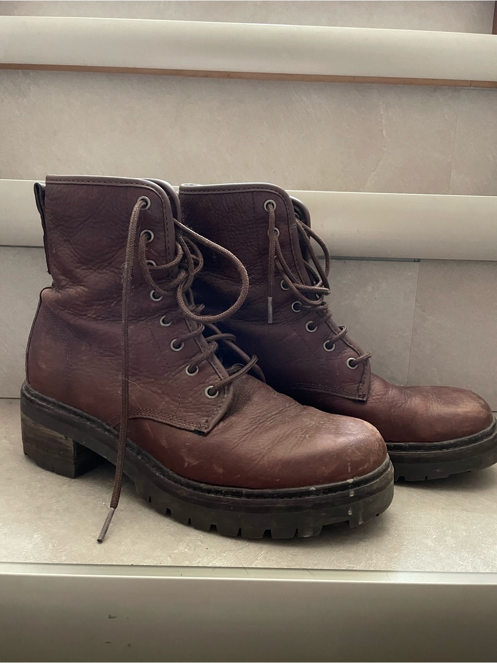 Roots Brown Leather Lace-Up Chunky Heel Combat Boots